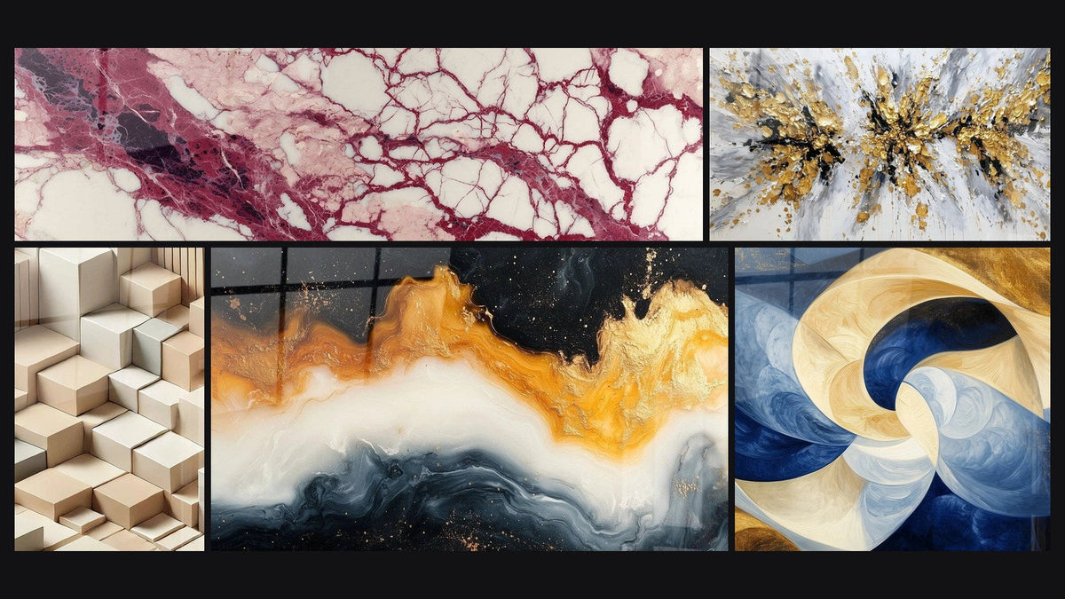 Mosaic of five paintings, including Purple Veins and Cream on Ecru Background, Minimalism Sculpted and Eternal Golden Tide