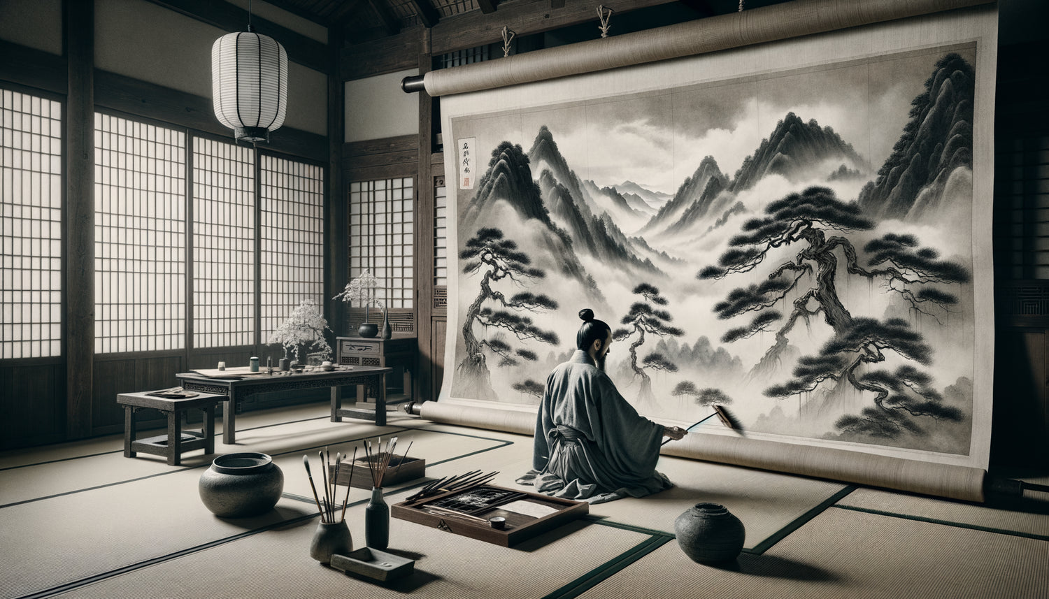 Peinture Nanga de l'époque Edo fusionnant techniques chinoises des lettrés et sensibilité japonaise avec paysages de montagnes brumeuses