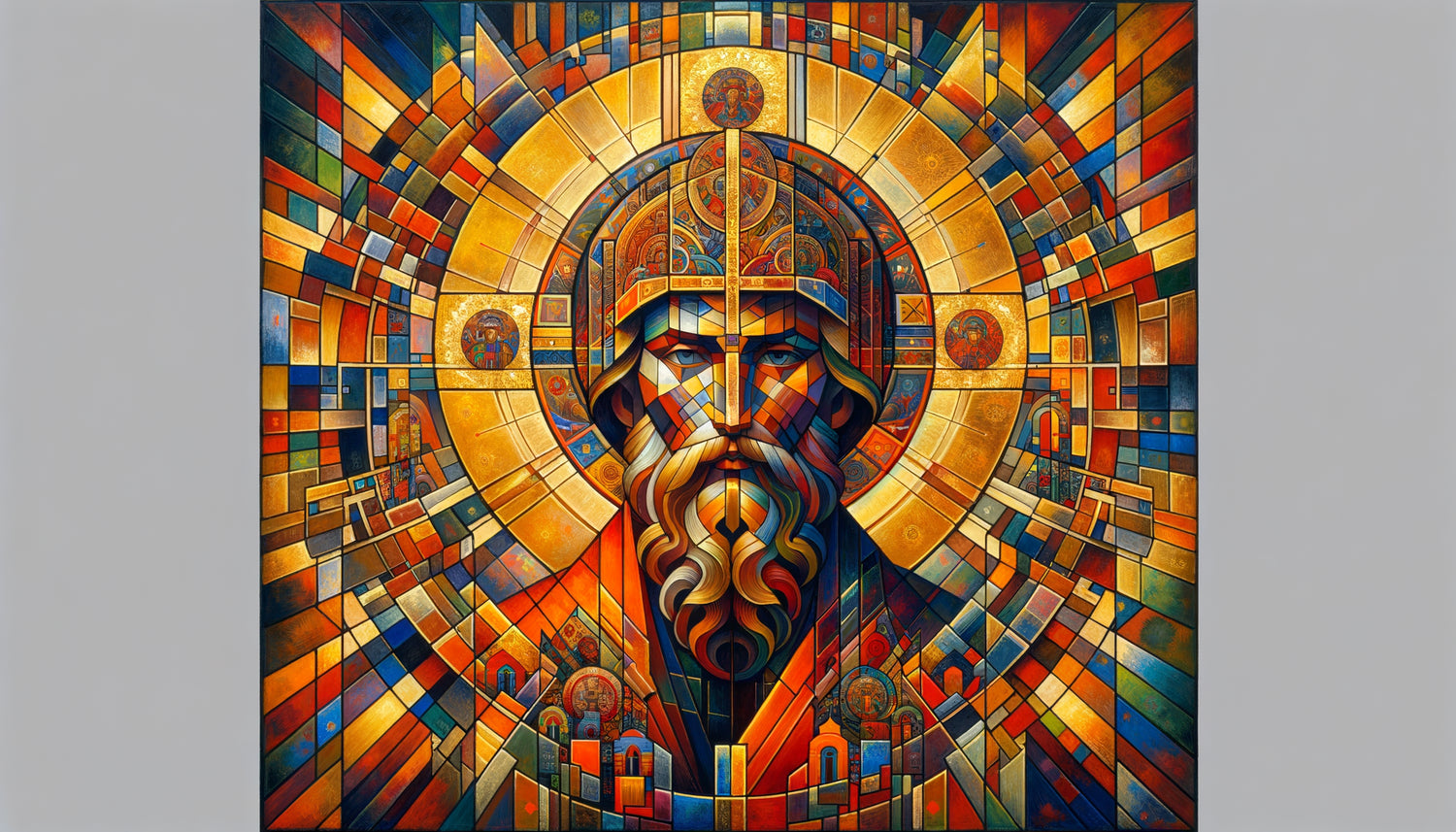 Peinture rayonniste de Natalia Goncharova fusionnant iconographie byzantine orthodoxe et décomposition cubiste géométrique, début 20ème siècle