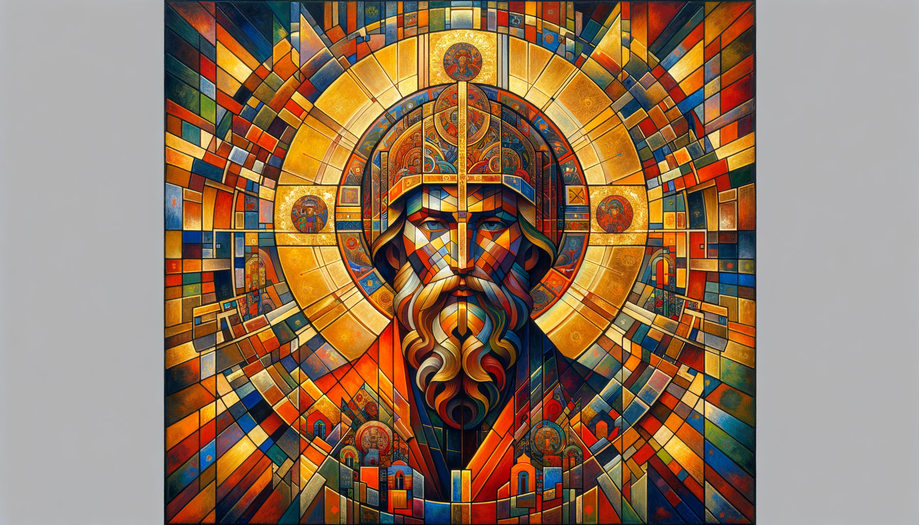 Peinture rayonniste de Natalia Goncharova fusionnant iconographie byzantine orthodoxe et décomposition cubiste géométrique, début 20ème siècle