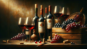 Nature morte classique française représentant des bouteilles de vin élégantes, verres et raisins dans un style pictural traditionnel sophistiqué