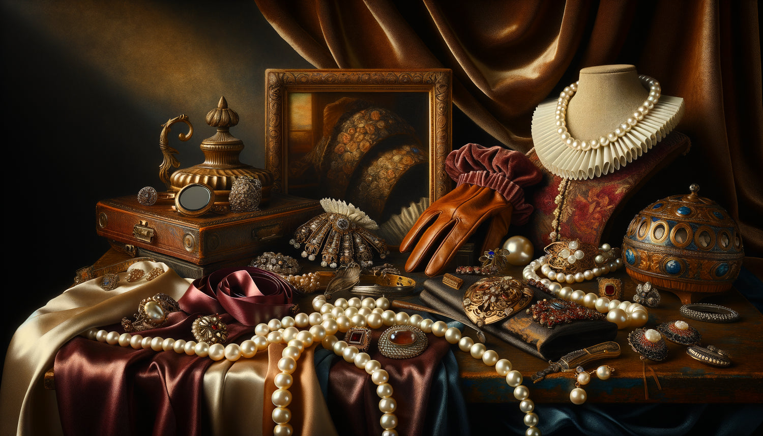 Nature morte flamande du XVIIe siècle présentant accessoires de mode luxueux avec éclairage dramatique et composition baroque