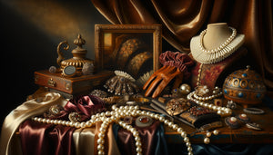 Nature morte flamande du XVIIe siècle présentant accessoires de mode luxueux avec éclairage dramatique et composition baroque