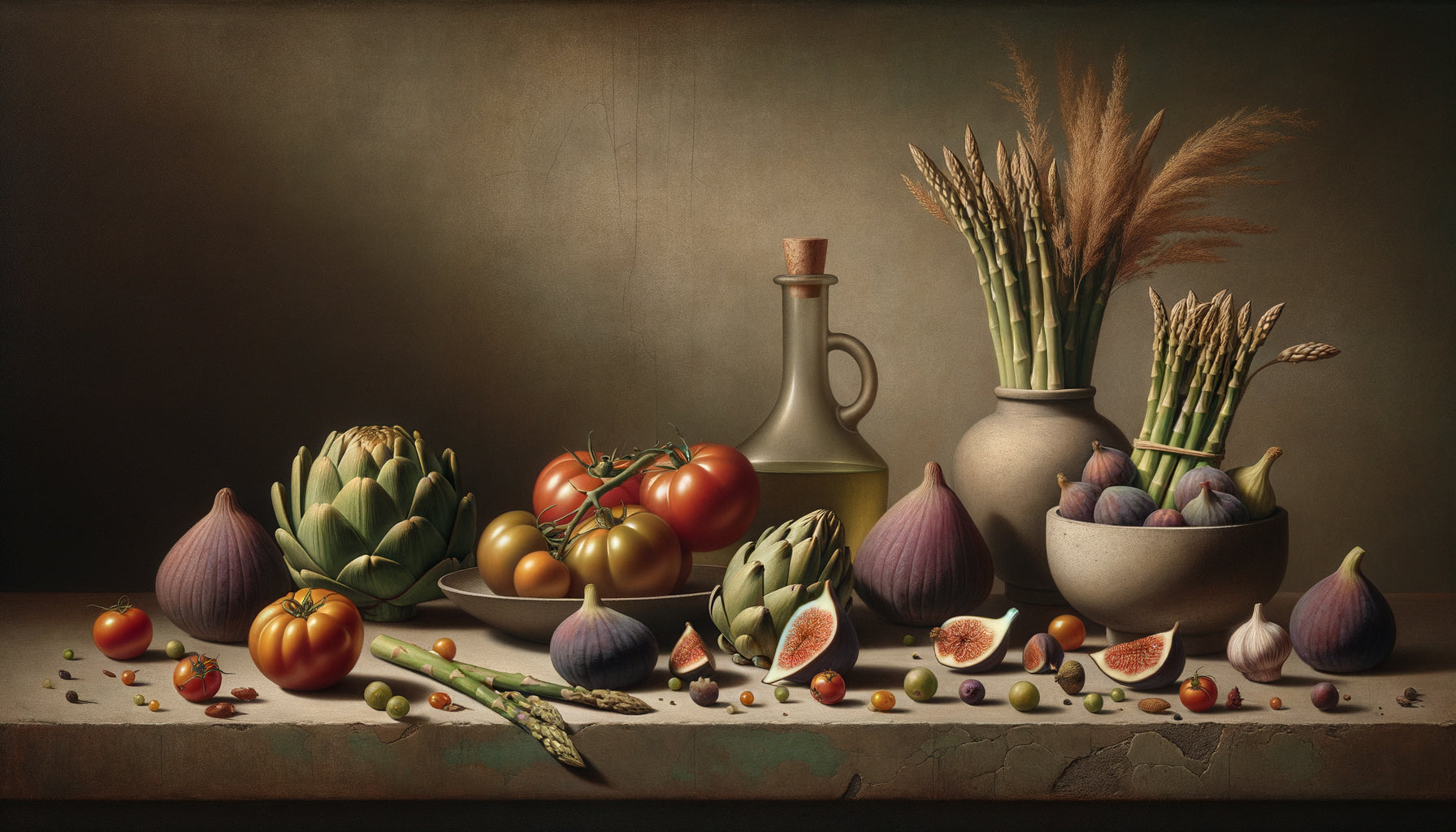 Nature morte contemporaine sophistiquée de légumes et fruits, interprétation moderne de la tradition picturale classique