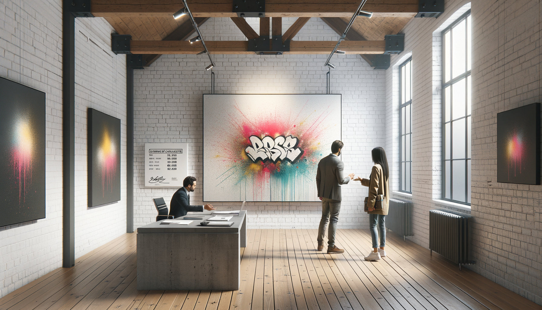 Négociation entre collectionneur et galeriste devant tableau street art contemporain dans galerie urbaine moderne