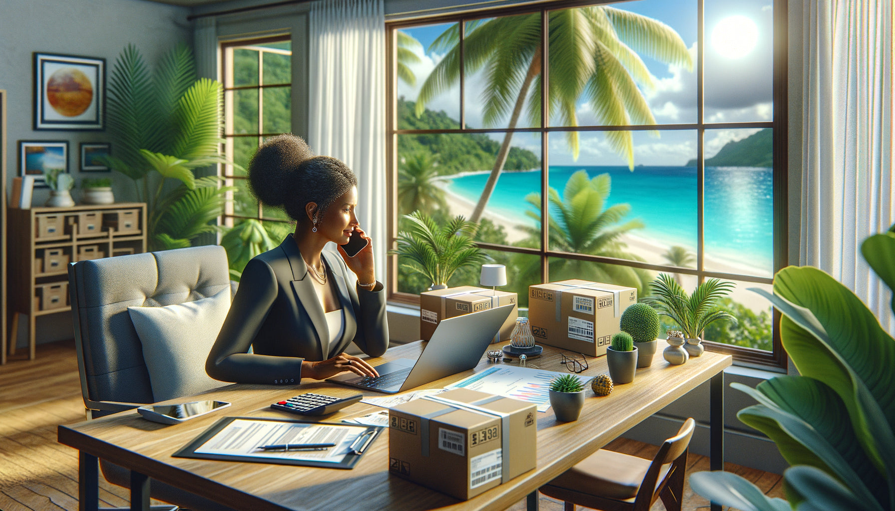 Négociation professionnelle de frais de port depuis la Martinique, bureau moderne avec vue tropicale et colis déco