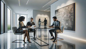 Négociation professionnelle dans une galerie d'art contemporain haut de gamme pour acquisition d'œuvres corporate