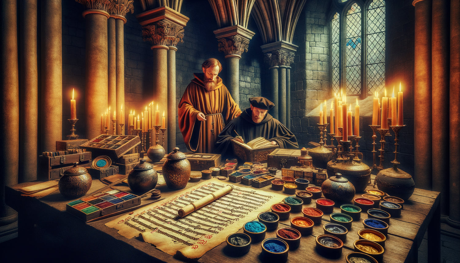 Atelier médiéval avec moine enlumineur et commanditaire ecclésiastique négociant devant des pigments précieux et pots de lapis-lazuli