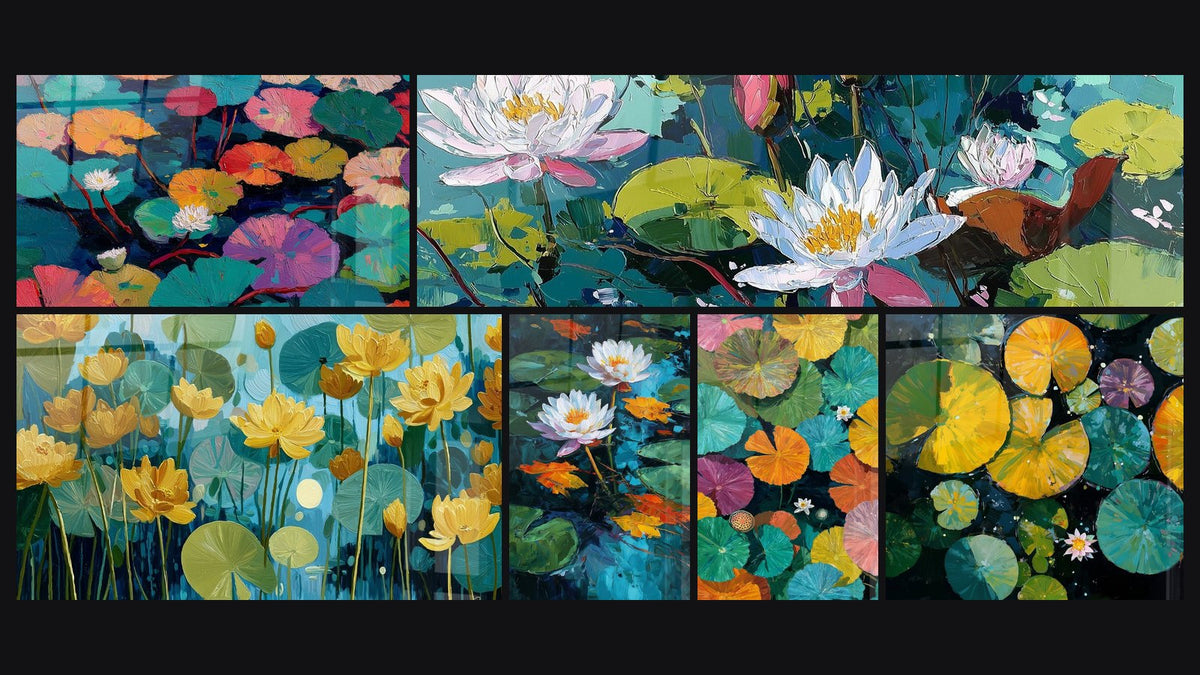 Mosaïque de six tableaux, dont Nénuphars Dorés sur Fond Azur