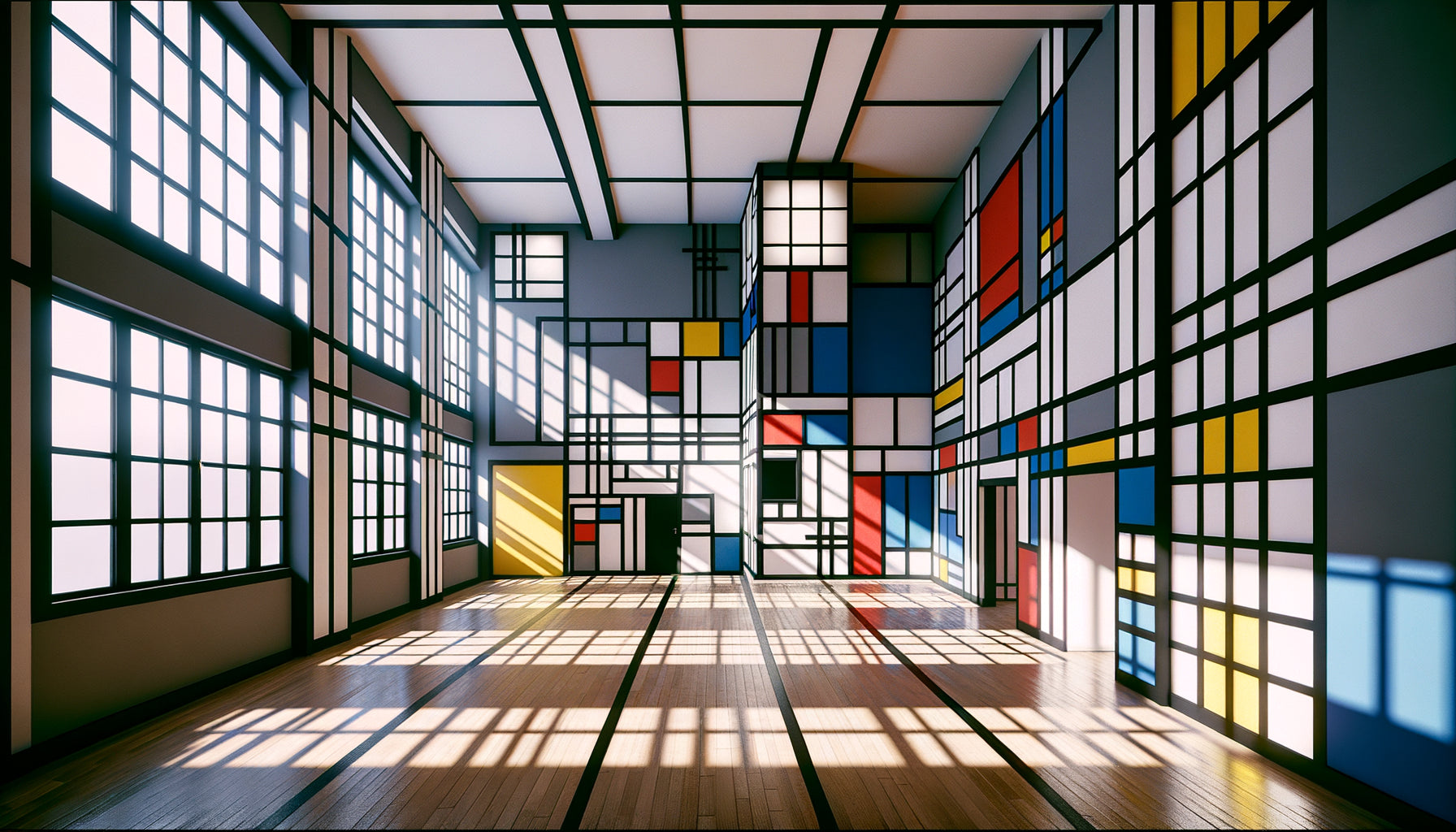Intérieur néo-plasticiste années 1920, murs transformés en grilles géométriques avec lignes noires et couleurs primaires selon principes De Stijl