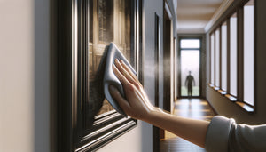 Nettoyage d'un tableau encadré sous verre protecteur dans un couloir avec chiffon microfibre