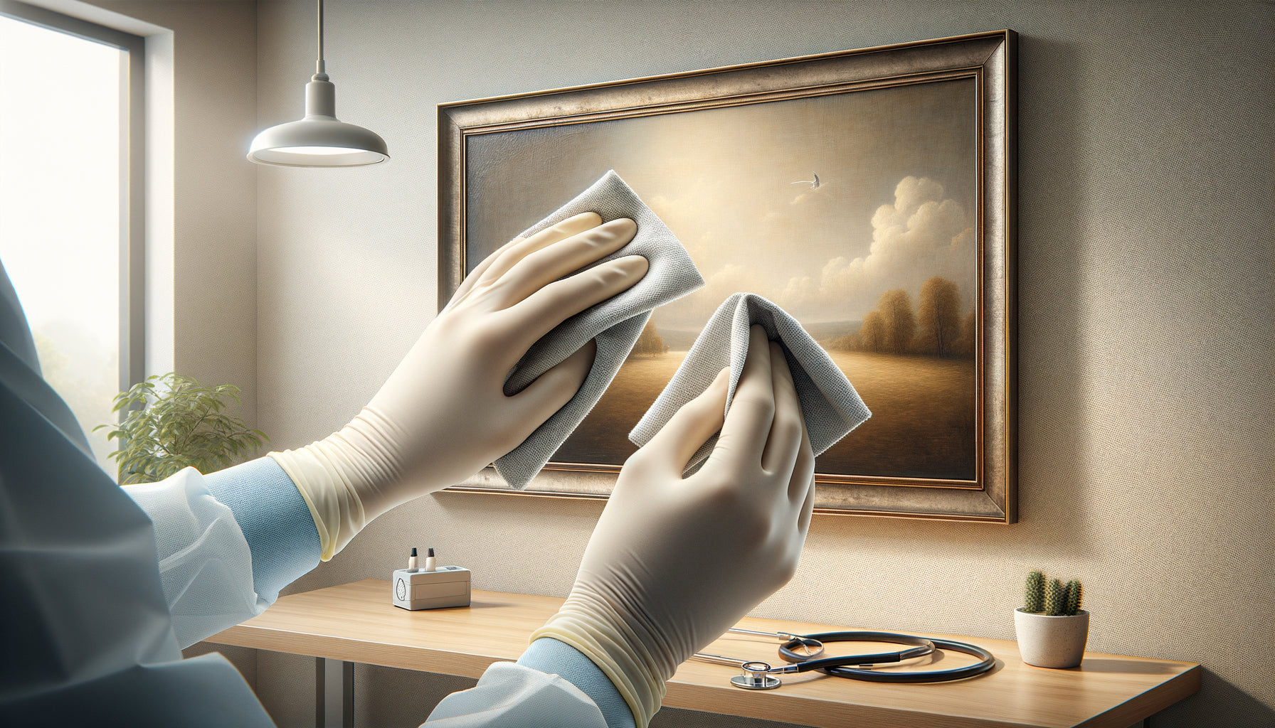 Nettoyage délicat d'un tableau sans protection dans un cabinet médical avec chiffon microfibre et gants