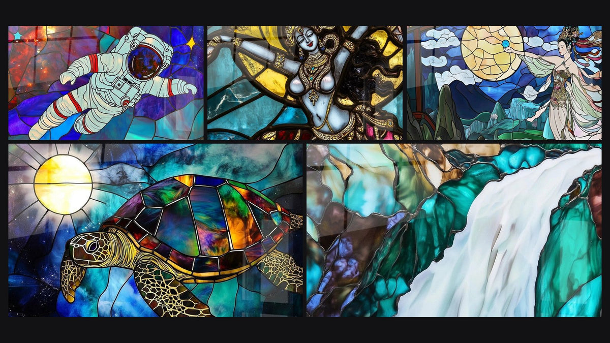 Mosaico di cinque quadri, tra cui Viaggiatore Cosmico, Nuotatore Millenario e Shakti Divina