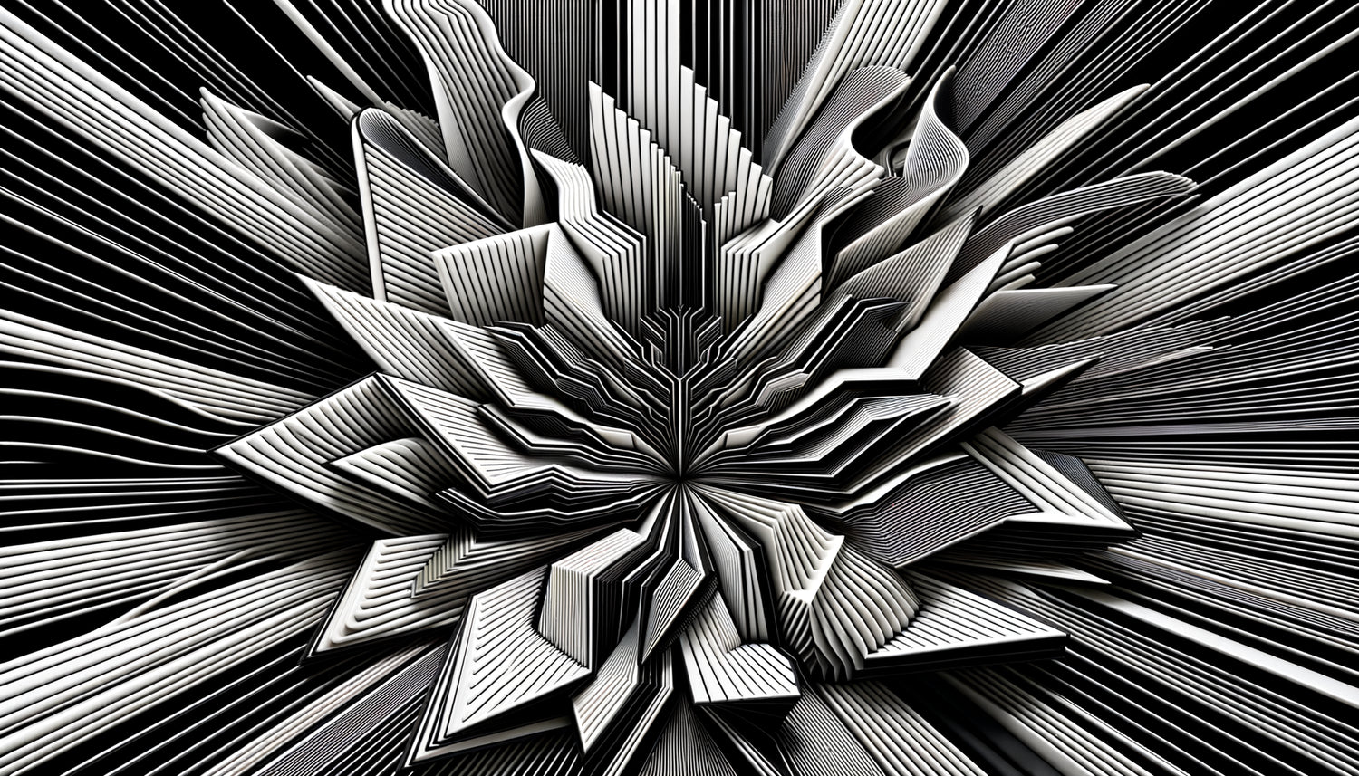 Composition abstraite en noir et blanc pur avec contours francs démontrant la détection neuronale des bords à contraste maximal