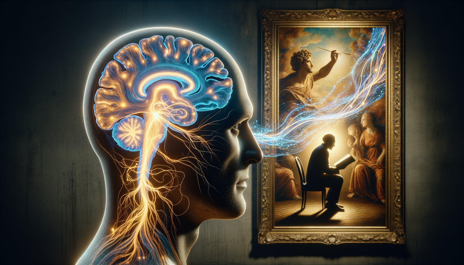 Visualisation neuroscientifique d'un cerveau avec connexions neuronales activées pendant la contemplation d'une œuvre d'art, illustrant la plasticité cérébrale