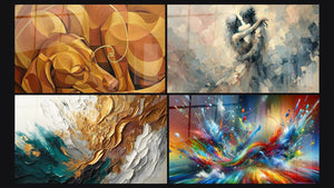 Mosaïque de quatre tableaux, dont Abstraction Géométrique Dorée, Entre Nous et Trace en Or et Jade