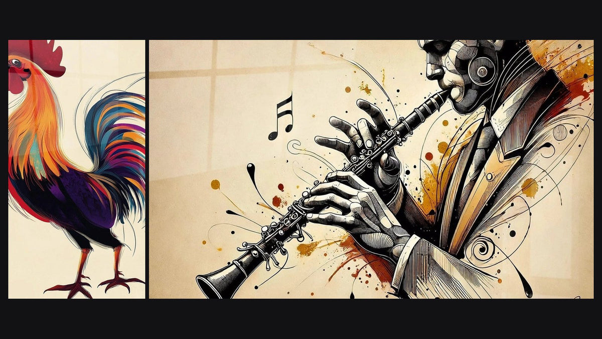 Due quadri affiancati: Gallo N°6 e Clarinetto N°1