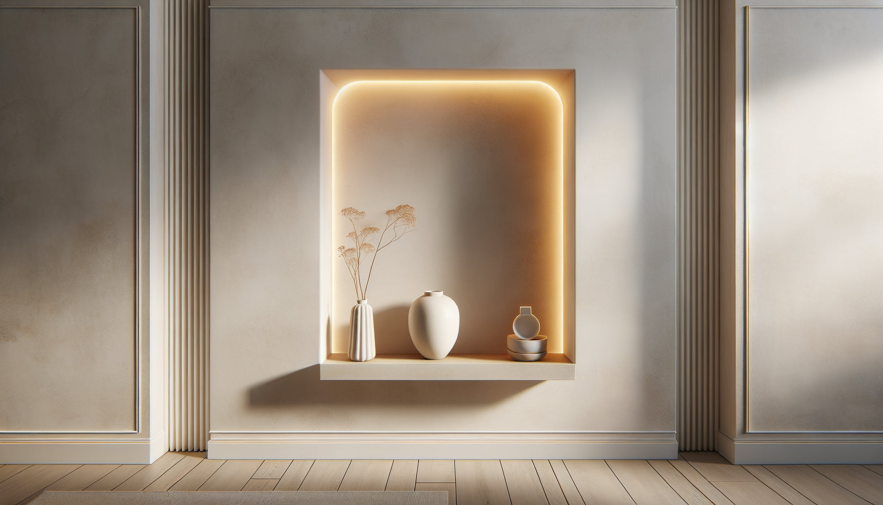 Niche murale décorative éclairée dans un intérieur Airbnb moderne avec objet déco et éclairage LED intégré