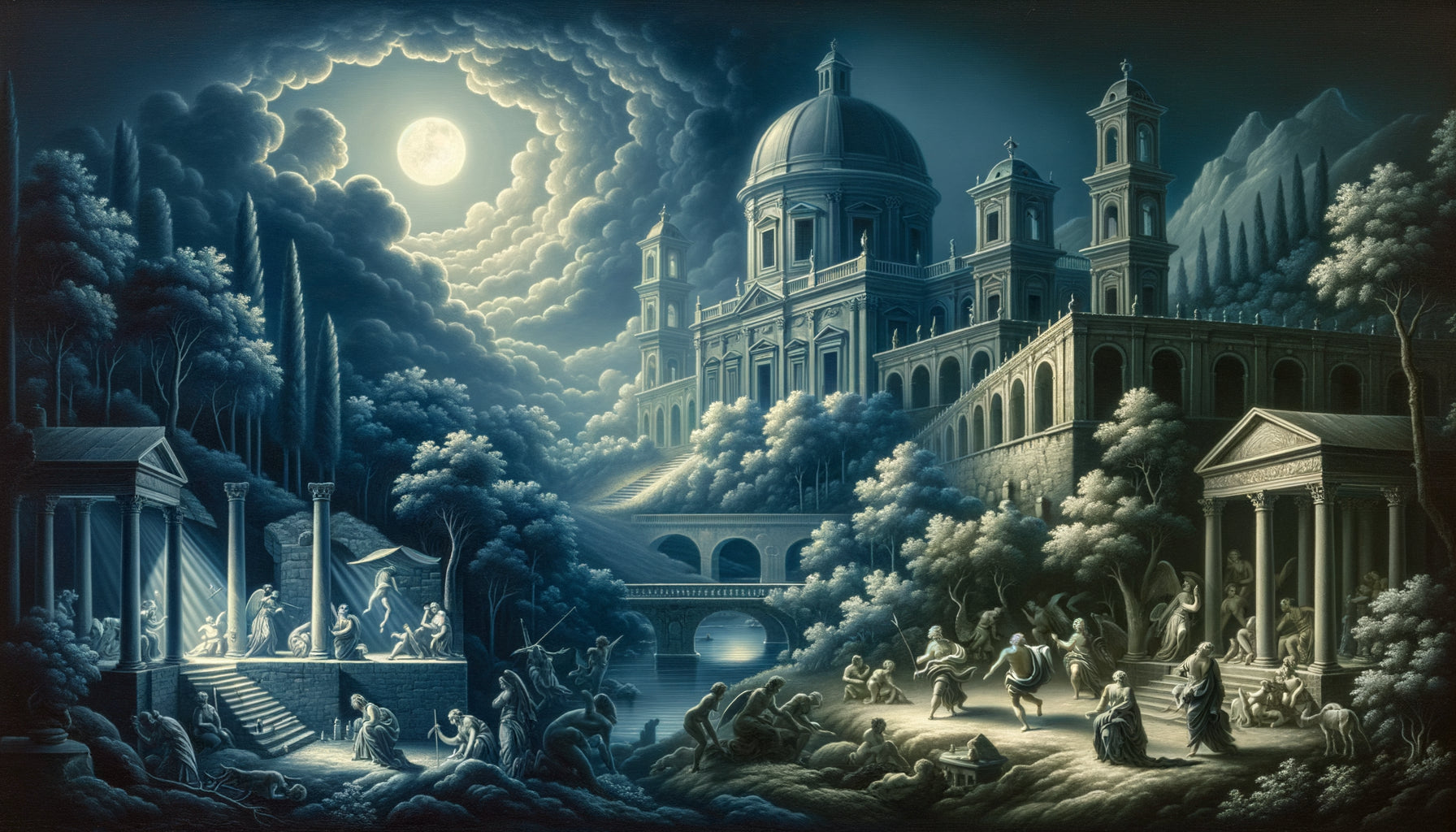 Paysage nocturne au clair de lune dans le style classique de Nicolas Poussin, luminosité argentée et glacis bleutés, 17ème siècle