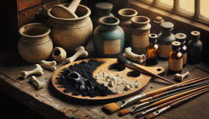 Atelier de peintre ancien montrant la comparaison entre pigment noir d'os et noir de charbon sur palette historique