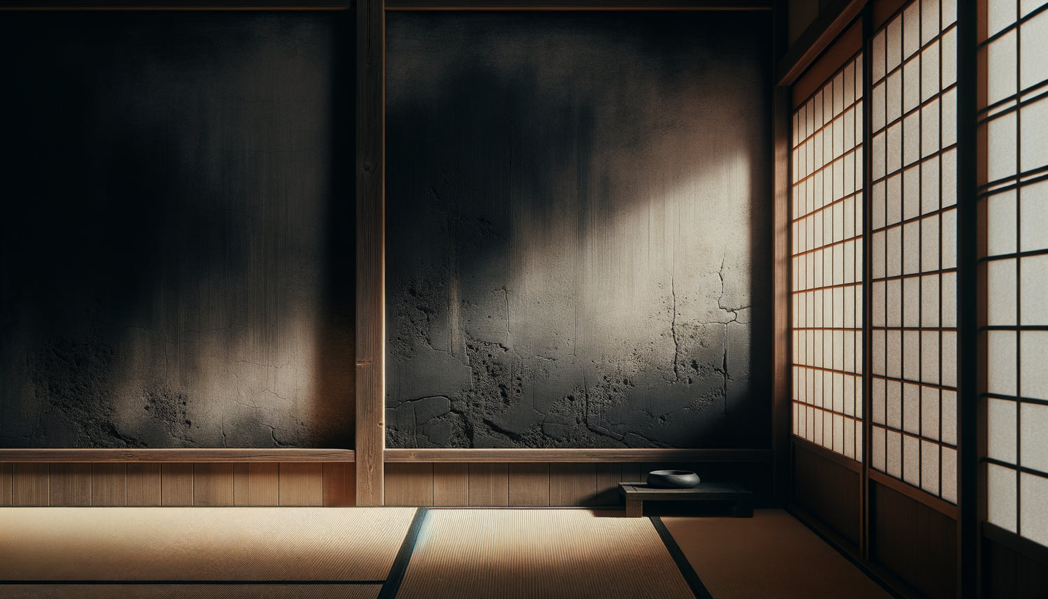 Mur de pavillon de thé japonais traditionnel peint au noir de pêche, pigment de noyaux carbonisés, esthétique wabi-sabi méditative