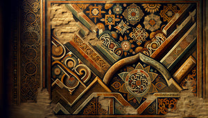 Détail de fresque murale médiévale proche-orientale avec pigment noir de réglisse, motifs géométriques islamiques, 12ème-13ème siècle