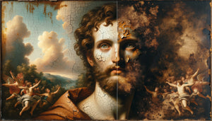 Gros plan d'une peinture ancienne noircie montrant l'oxydation du vernis et la dégradation des pigments au fil du temps