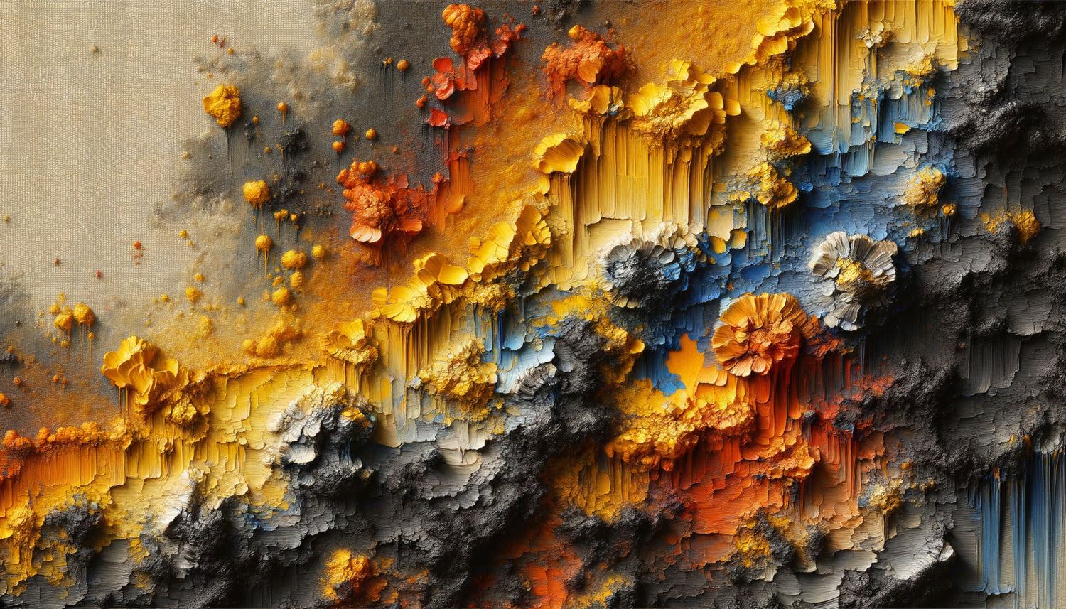 Détail de peinture à l'huile montrant le noircissement des pigments au cadmium jaune et rouge, dégradation chimique visible