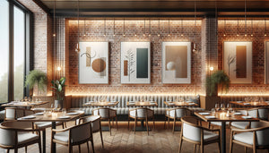 Intérieur de restaurant contemporain avec trois tableaux muraux espacés harmonieusement sur mur de briques, ambiance élégante et équilibrée