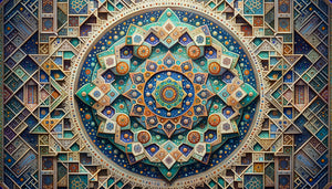 Détail de fresque persane médiévale montrant la technique noqteh-kari avec pointillés subtils créant des dégradés géométriques sacrés