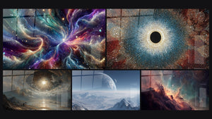 Mosaïque de cinq tableaux, dont Infinité Cosmique Majestueuse, Galaxie spirale cosmique et Planète extraterrestre