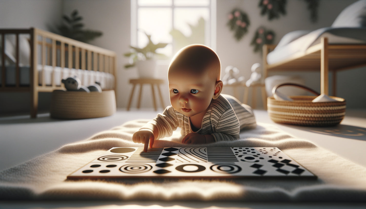 Nourrisson de 0-3 mois observant attentivement un tableau de motifs géométriques contrastés noir et blanc pour stimulation visuelle précoce