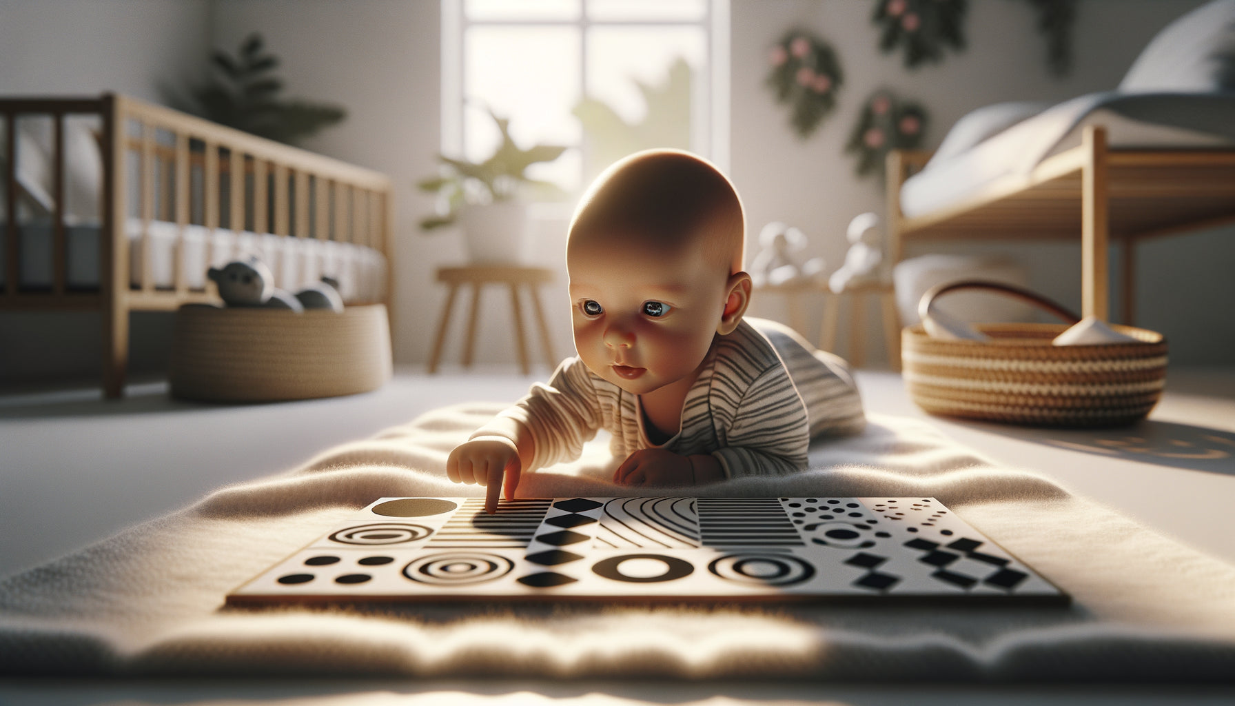 Nourrisson de 0-3 mois observant attentivement un tableau de motifs géométriques contrastés noir et blanc pour stimulation visuelle précoce