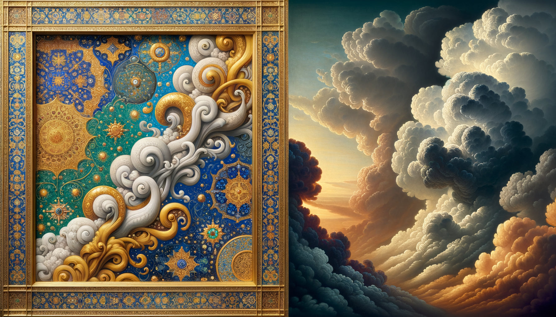 Comparaison visuelle entre nuages stylisés des miniatures persanes dorées et nuages réalistes de la peinture flamande du 16e siècle