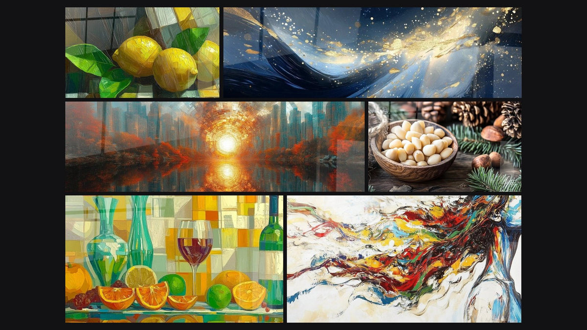 Mosaico de seis cuadros, entre ellos Zest de Lumière, Resplandor Arquitectónico Dorado y Aliento Divino Dorado