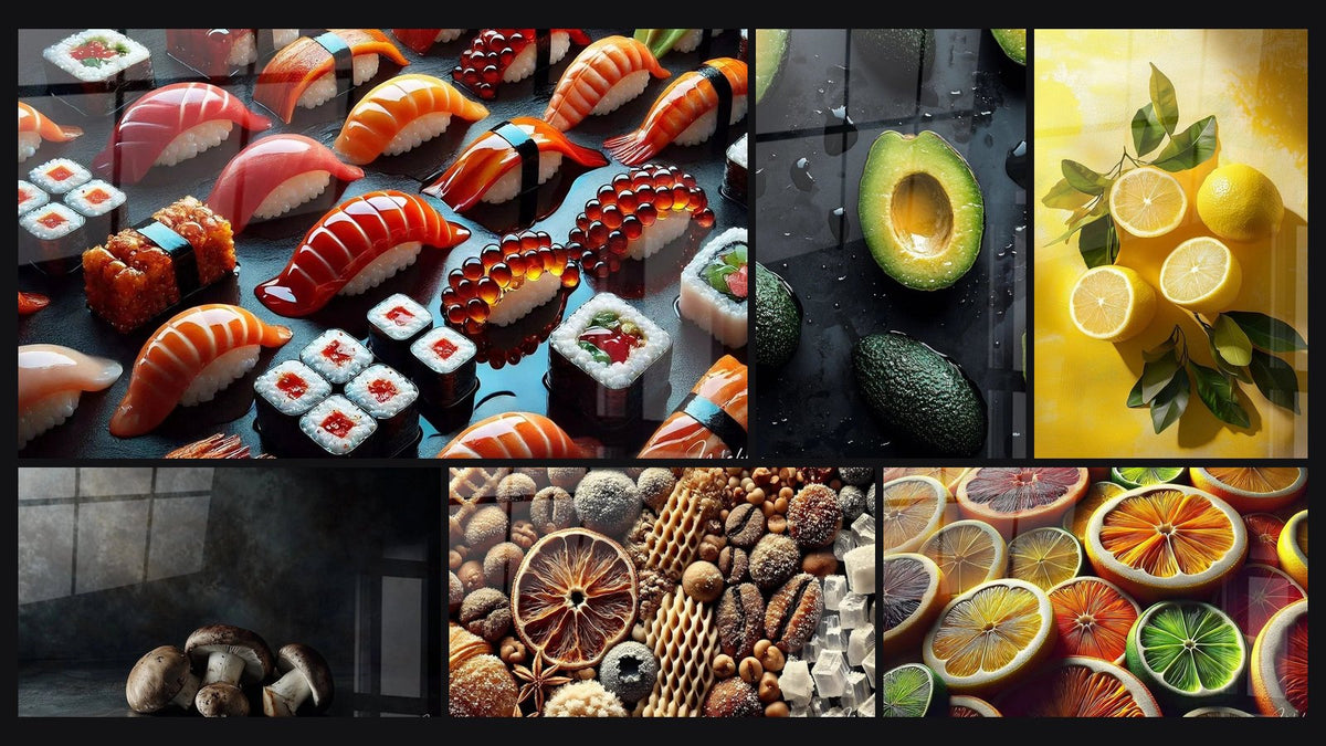 Mosaico di sei quadri, tra cui Art Sushi, Avocado N°1 e Funghi N°1