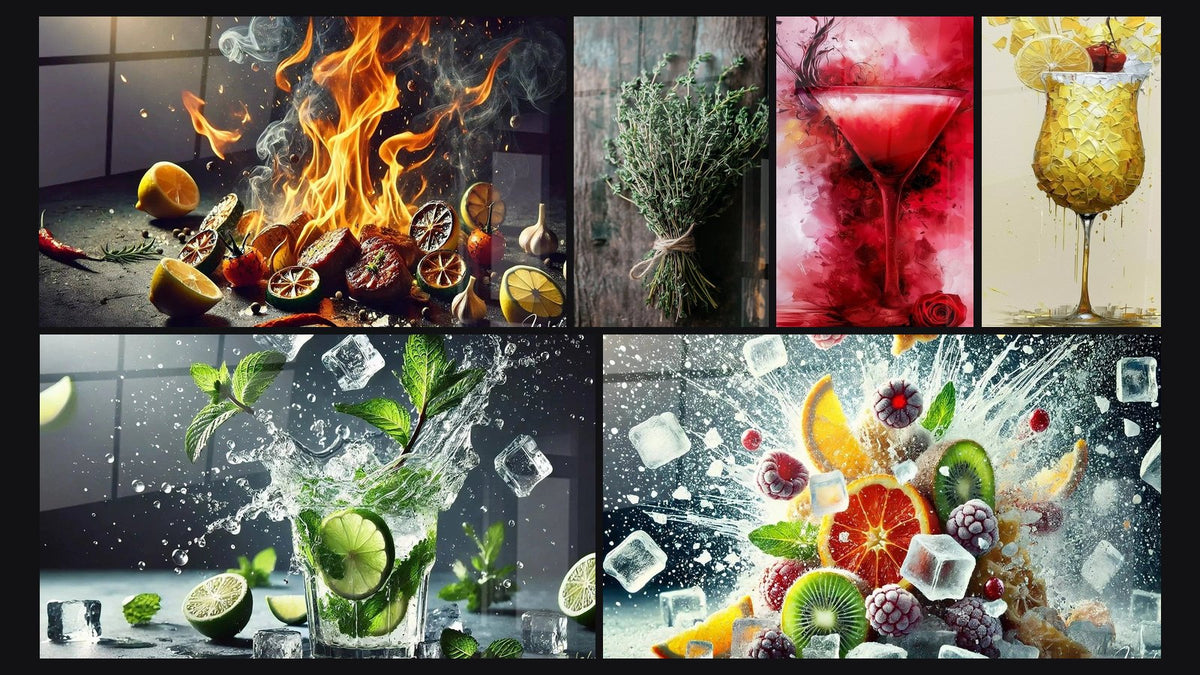 Mosaico di sei quadri, tra cui Aromi Infiammati, Freschezza Dinamica e Cocktail Glaciale