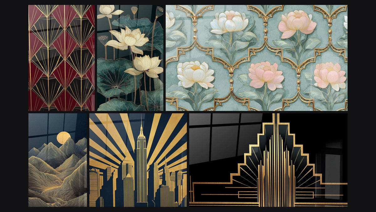 Mosaïque de six tableaux, dont Motif Géométrique, Lotus Art Déco et Paysage Montagne