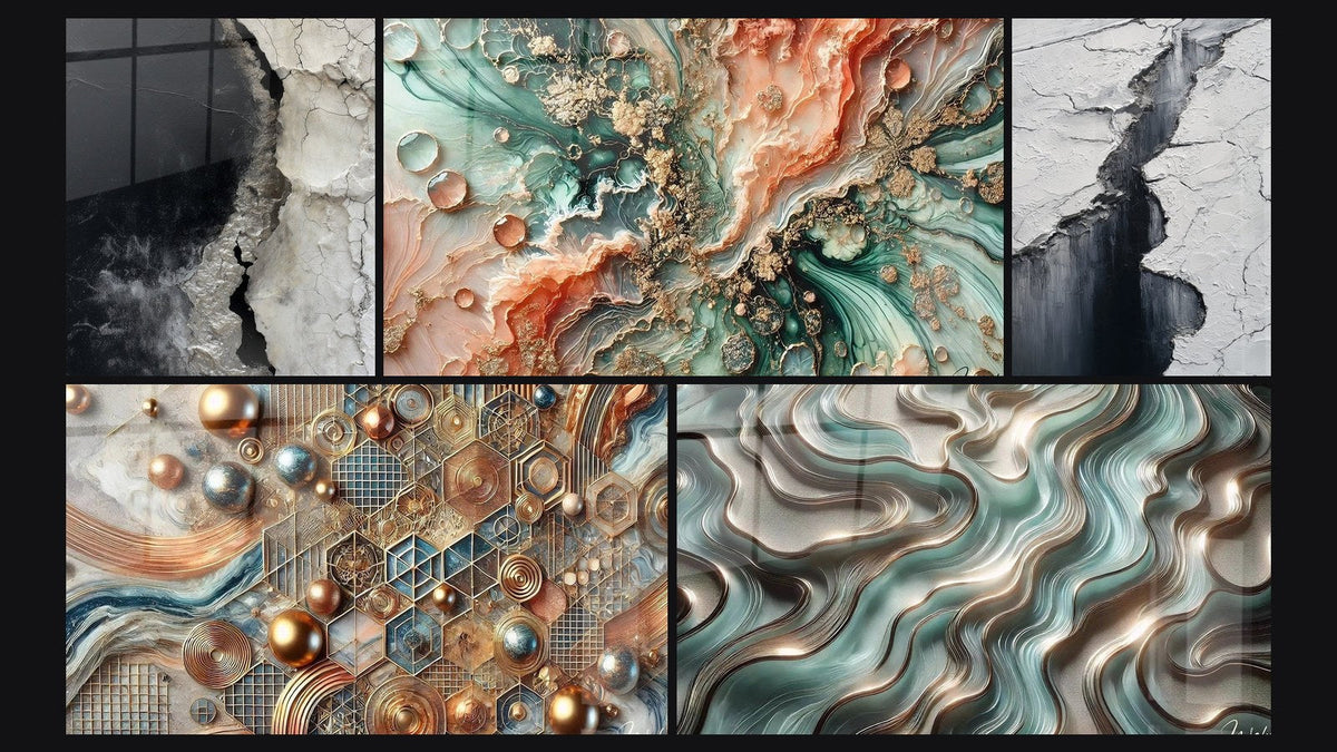 Mosaic of five paintings, including Abstract Black White Gray Cracked Textured, Coral Dream and Copper Mosaic