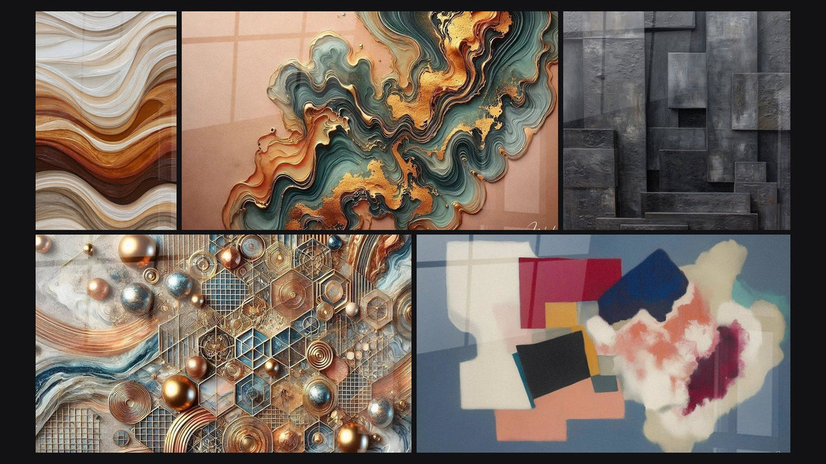 Mosaic of five paintings, including Wave Copper, Copper Mosaic and Geometric Forms Square Poetry