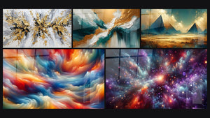 Mosaïque de cinq tableaux, dont Explosion dorée et grise sur fond blanc, Lumière des Abysses et Les Mystères des Sables