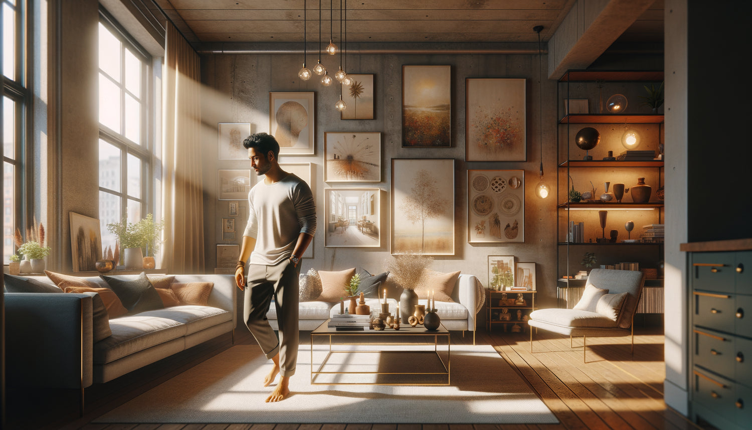 Personne observant discrètement les tableaux et la décoration murale d'un intérieur contemporain pour détecter les préférences artistiques