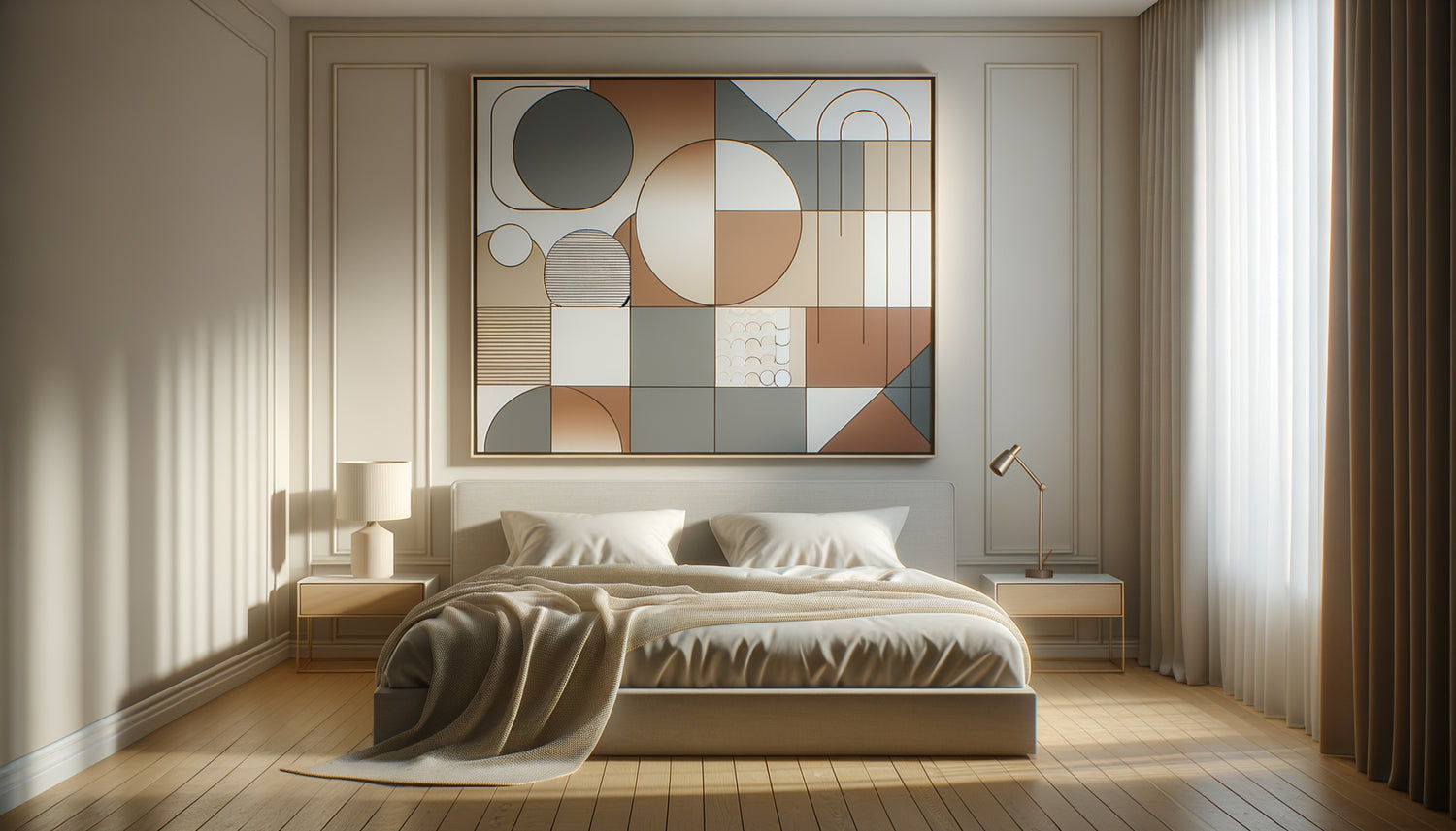 Chambre moderne épurée avec grande œuvre abstraite géométrique aux formes équilibrées et couleurs douces