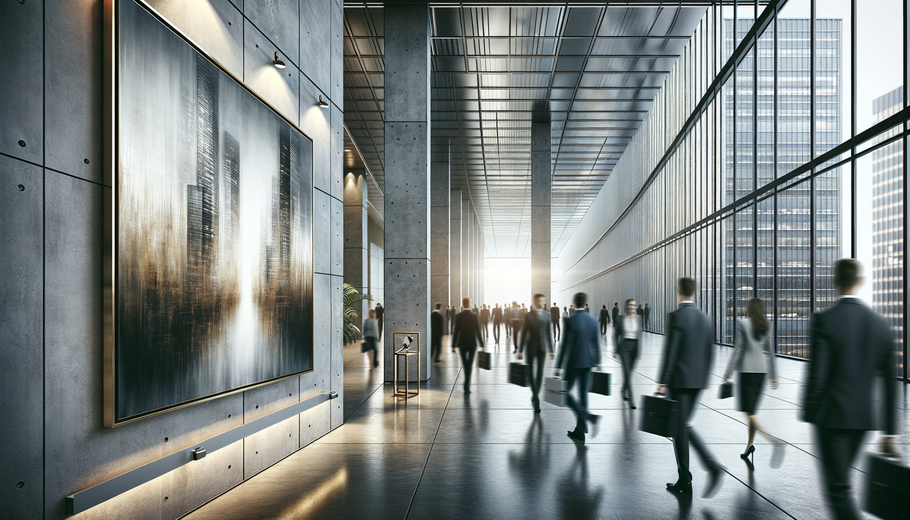 Œuvre d'art contemporaine avec vitrage protecteur installée dans un couloir de bureau à forte fréquentation