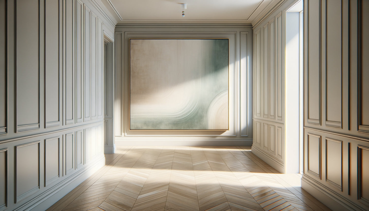 Couloir contemporain minimaliste avec œuvre panoramique aux textures expressives et palette épurée, captivant le regard instantanément