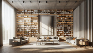 Bibliothèque moderne de 2m40 avec œuvre panoramique parfaitement proportionnée au-dessus, exemple d'agencement harmonieux