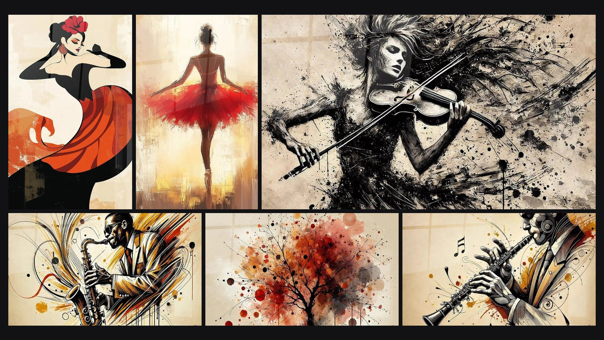 Mosaïque de six tableaux, dont La Dame Rouge, Fleur de Feu et Musicien N°2