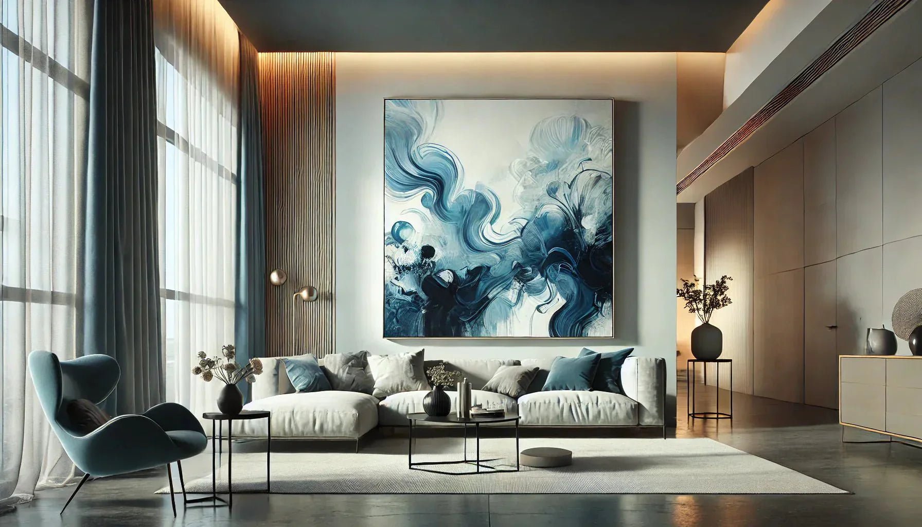 Tableau abstrait bleu moderne accroché sur un mur blanc dans un salon contemporain, avec un éclairage doux mettant en valeur ses nuances de bleu céleste et océanique.