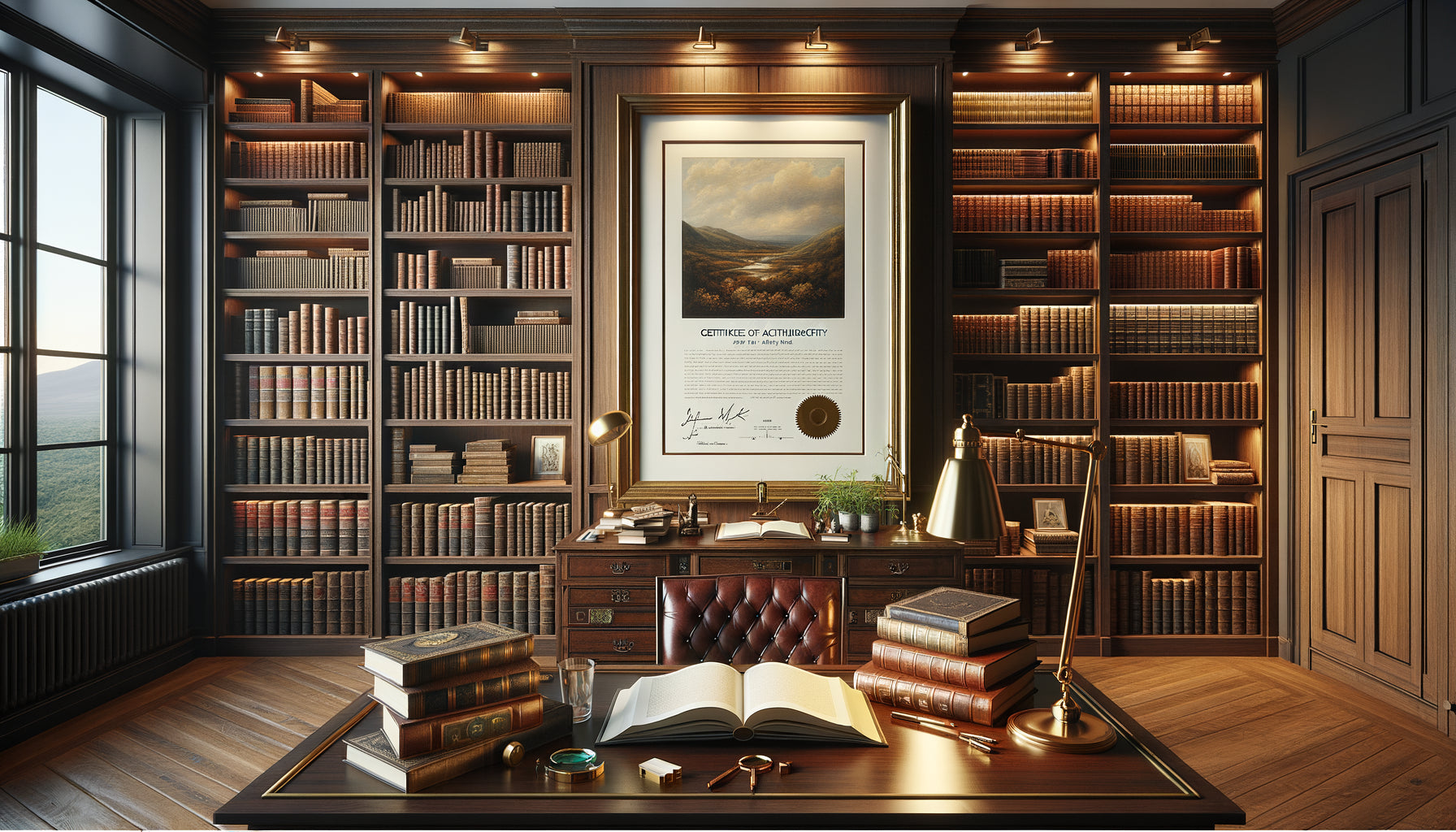 Œuvre d'art en édition limitée numérotée exposée dans un bureau bibliothèque raffiné avec collections de livres anciens