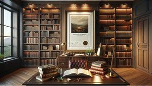 Œuvre d'art en édition limitée numérotée exposée dans un bureau bibliothèque raffiné avec collections de livres anciens